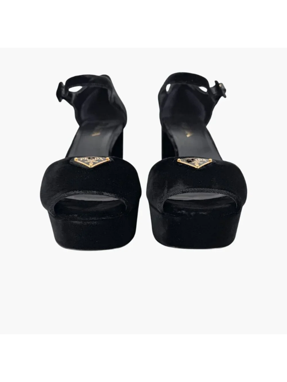 Prada Triangle Logo Platform Pumps Heels Sandals Black Velvet Size 41 US 11